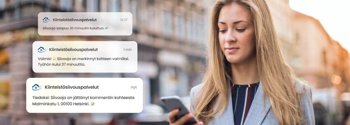 Puhelimen push-ilmoitus: siivooja on matkalla kohteeseen